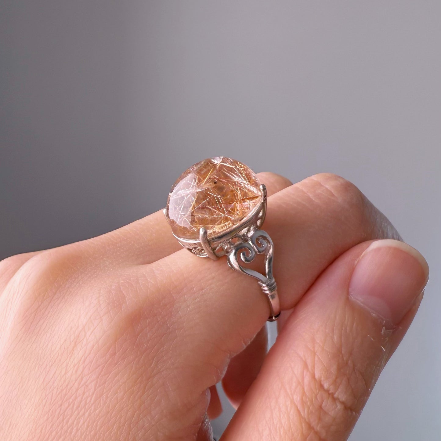 Handmade Natural Rose Gold Rutilated Quartz Crystal Silver Ring