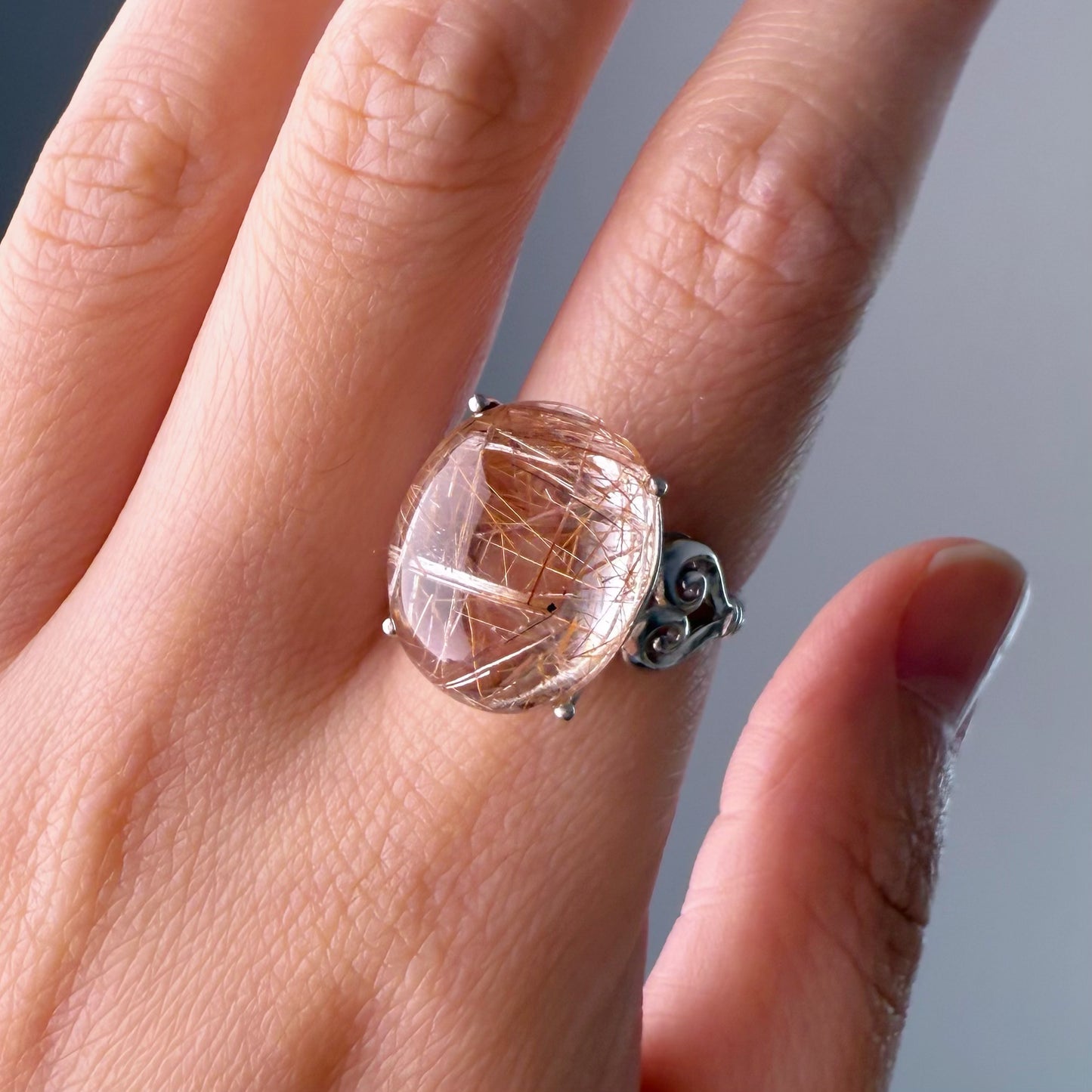 Handmade Natural Rose Gold Rutilated Quartz Crystal Silver Ring