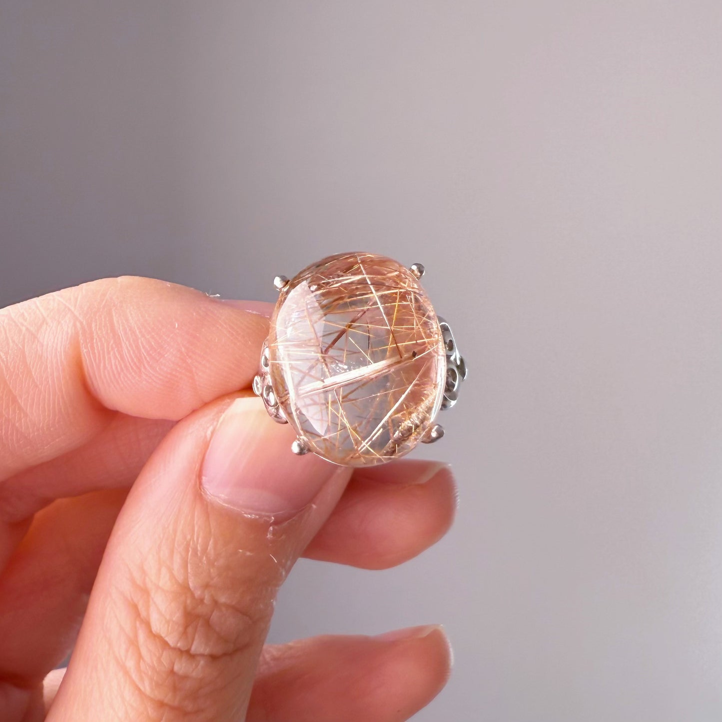 Handmade Natural Rose Gold Rutilated Quartz Crystal Silver Ring