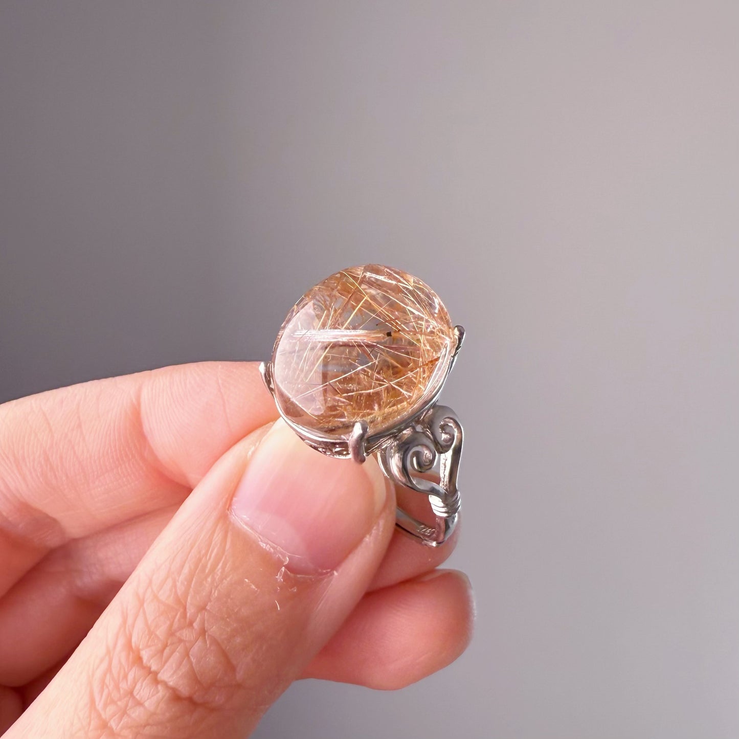 Handmade Natural Rose Gold Rutilated Quartz Crystal Silver Ring