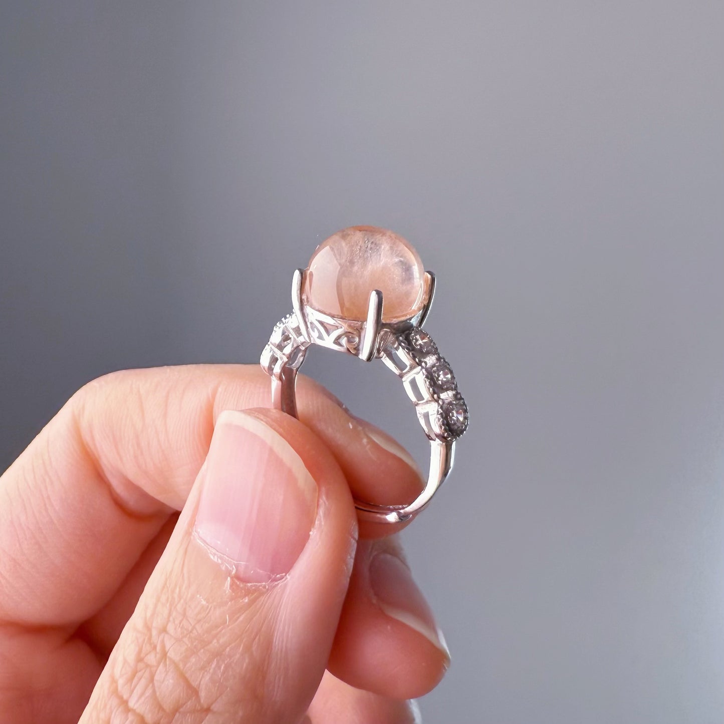 Handmade Natural Pink Rutilated Quartz Crystal Silver Ring