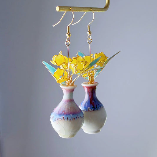 Handmade Yellow Tulips Flower in Ceramic Vase Earrings
