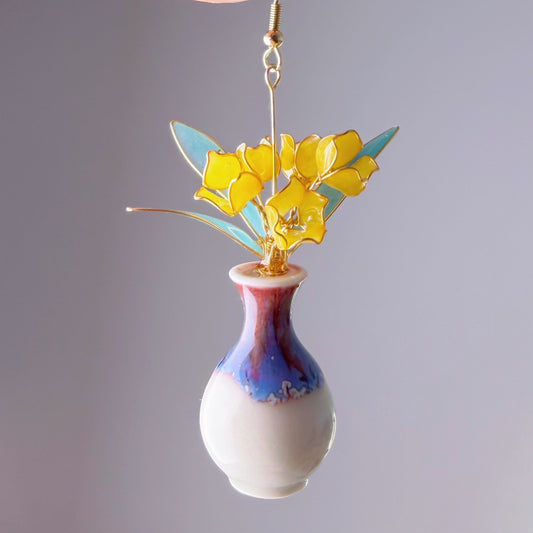 Handmade Yellow Tulips Flower in Ceramic Vase Earrings