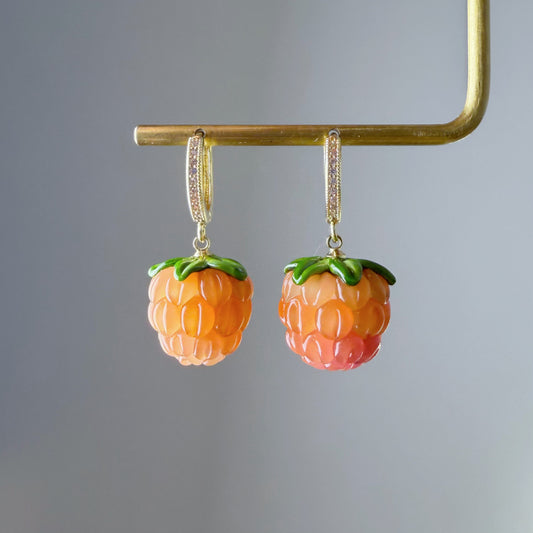 Handmade Orange Glass Raspberries Hoop Earrings