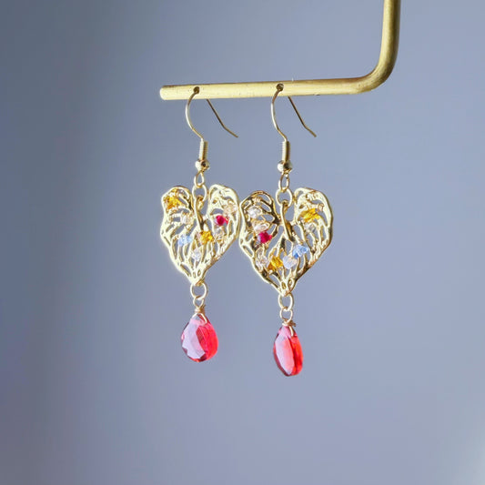 Handmade Gold Monstera Leaves with Teardrop Quartz and Mini Crystal Earrings