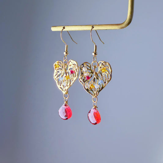 Handmade Gold Monstera Leaves with Teardrop Quartz and Mini Crystal Earrings