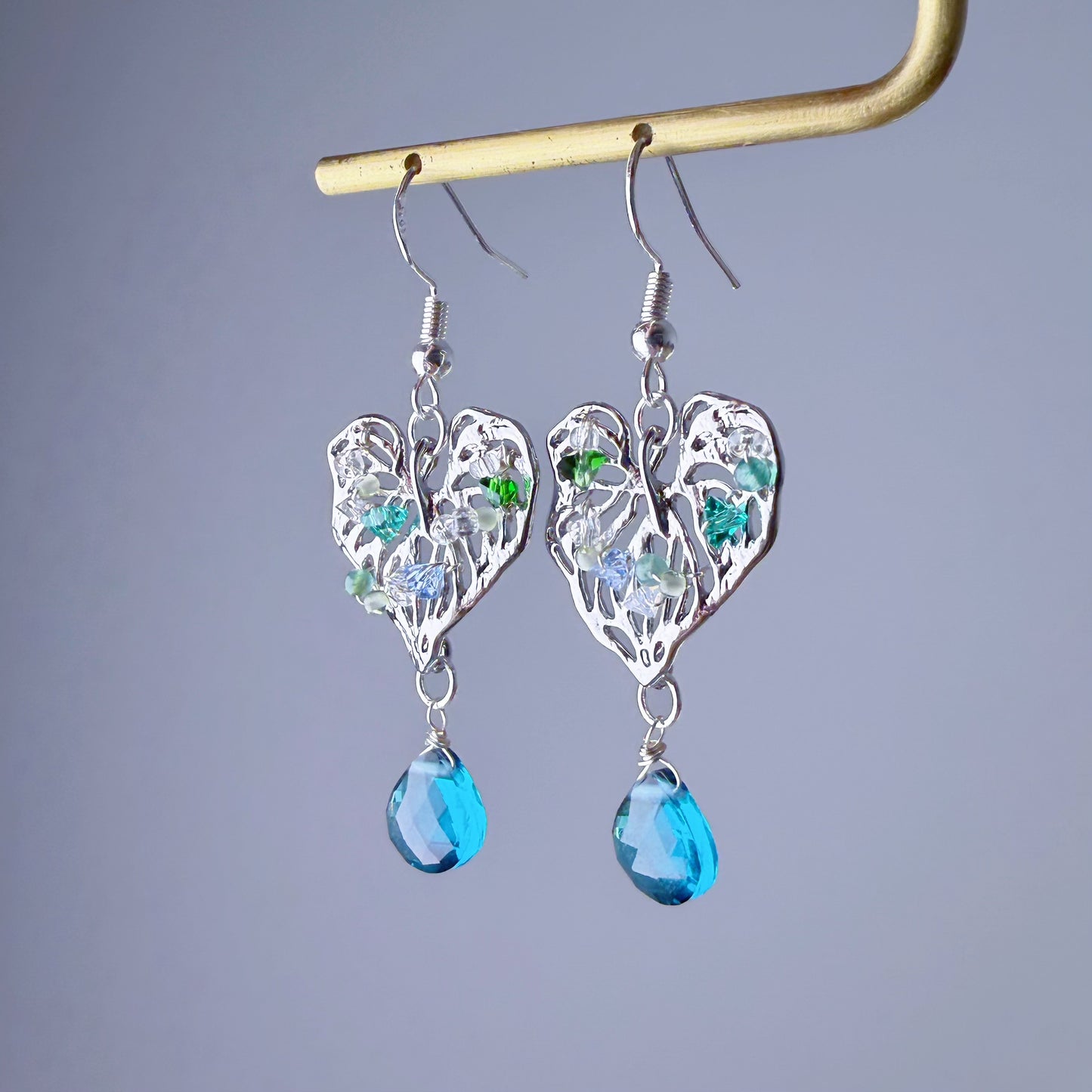 Handmade Silver Monstera Leaves with Teardrop Quartz and Mini Crystal Earrings
