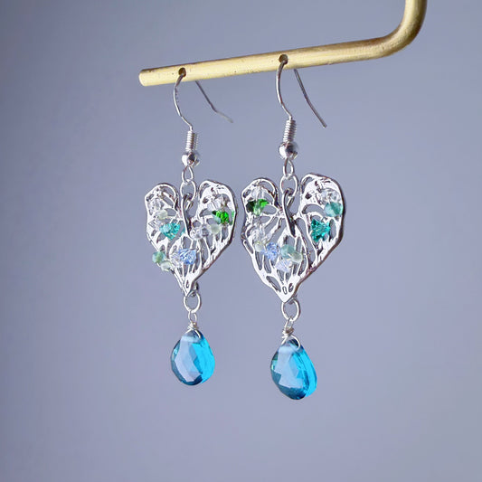 Handmade Silver Monstera Leaves with Teardrop Quartz and Mini Crystal Earrings