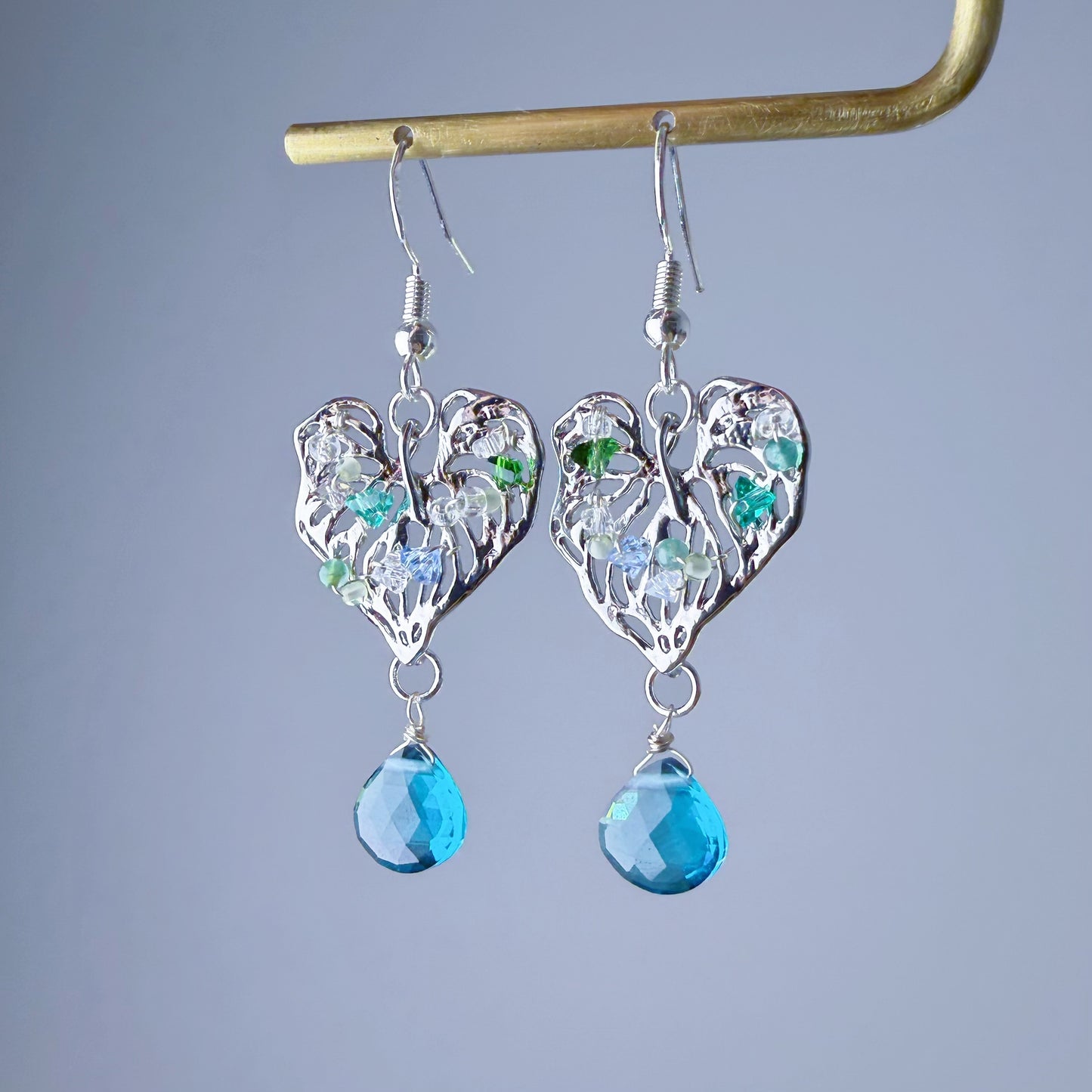 Handmade Silver Monstera Leaves with Teardrop Quartz and Mini Crystal Earrings