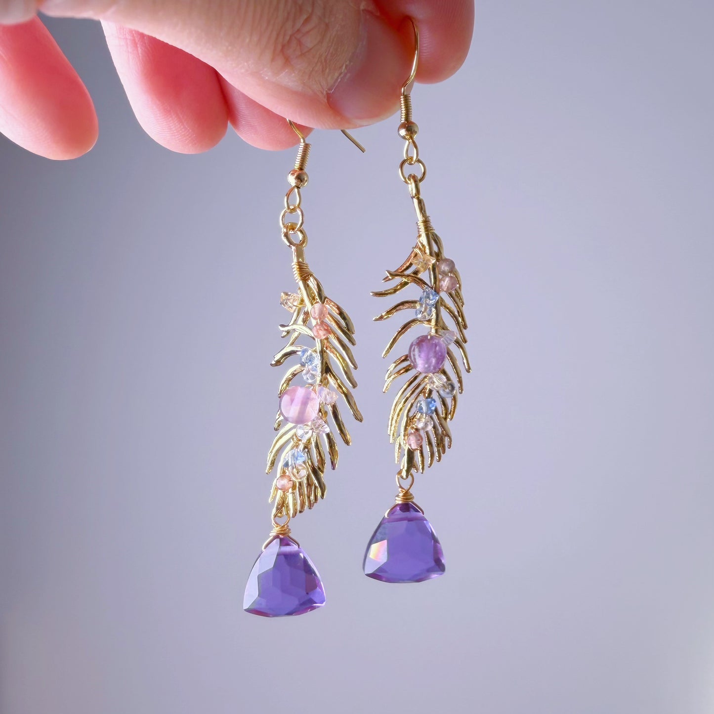 Handmade Gold Feather Amethyst Purple Crystal Earrings