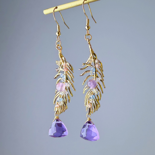 Handmade Gold Feather Amethyst Purple Crystal Earrings