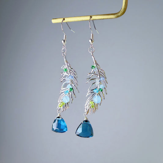 Handmade Silver Feather Aquamarine Blue Crystal Earrings