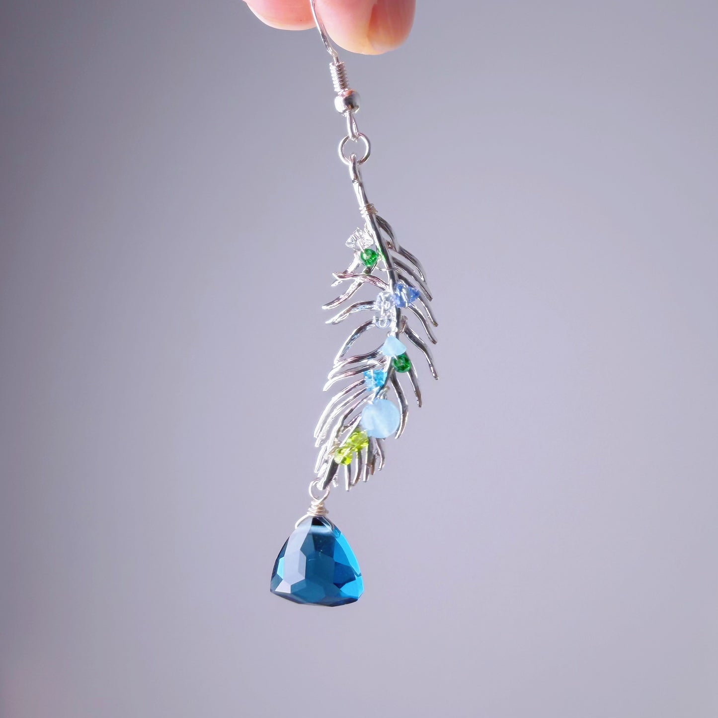 Handmade Silver Feather Aquamarine Blue Crystal Earrings