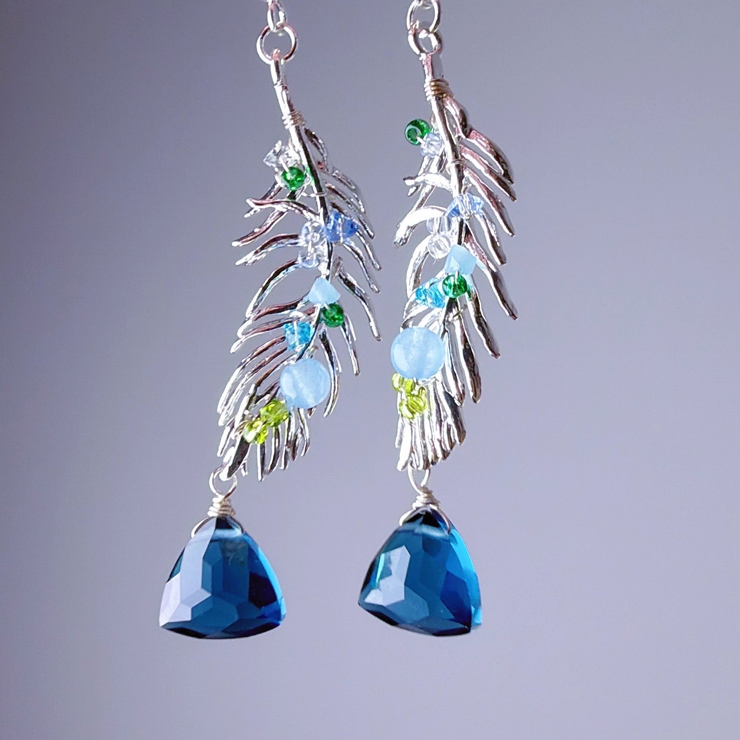 Handmade Silver Feather Aquamarine Blue Crystal Earrings