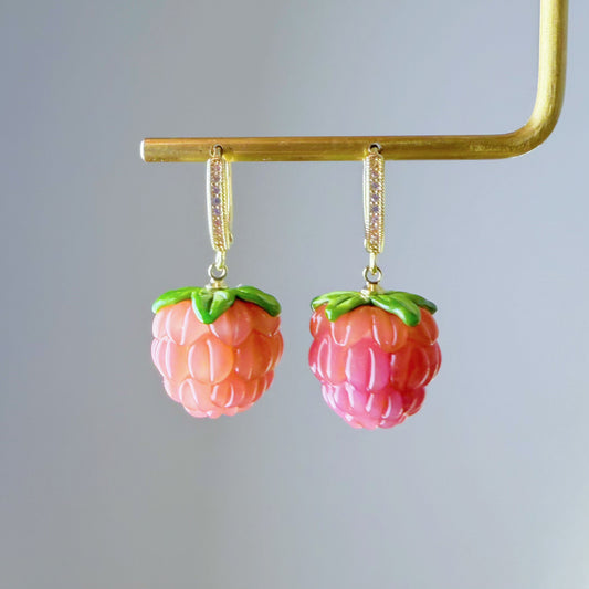 Handmade Peach and Pink Glass Raspberries Hoop Earrings