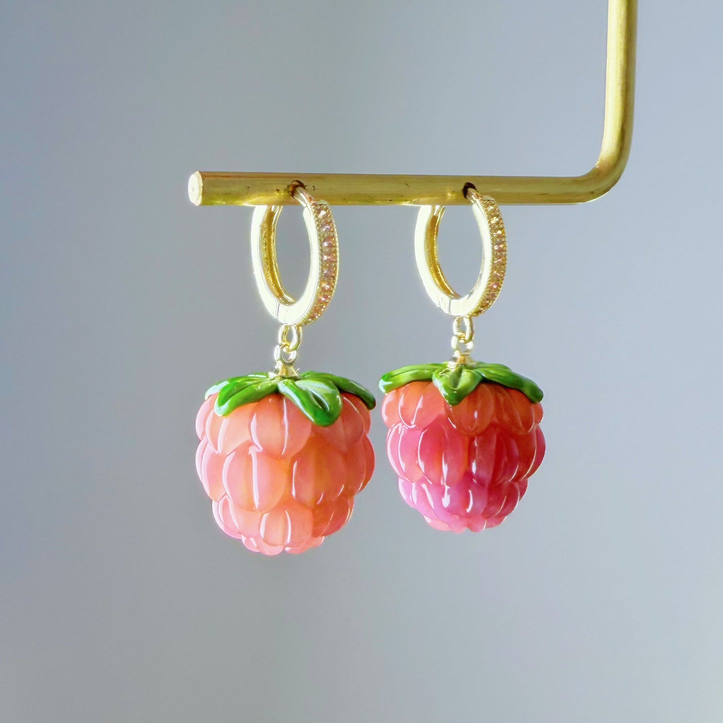 Handmade Peach and Pink Glass Raspberries Hoop Earrings