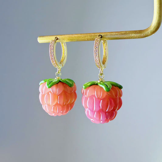 Handmade Peach and Pink Glass Raspberries Hoop Earrings