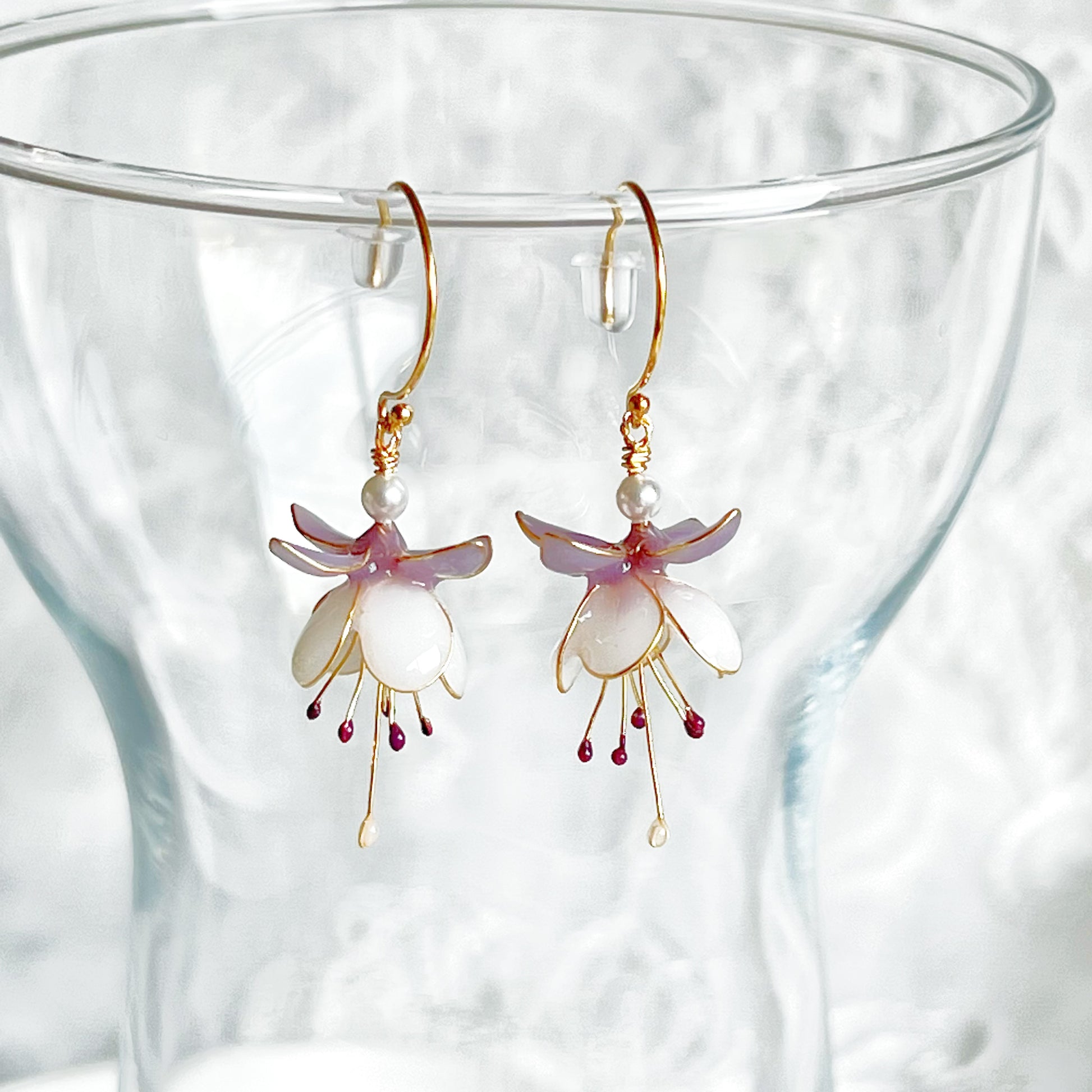 Handmade Purple and White Fuchsia Flower Earrings-Ninaouity