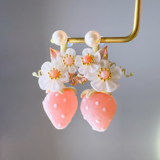 Pink Frosted Strawberry and Fabric Flowers Earrings