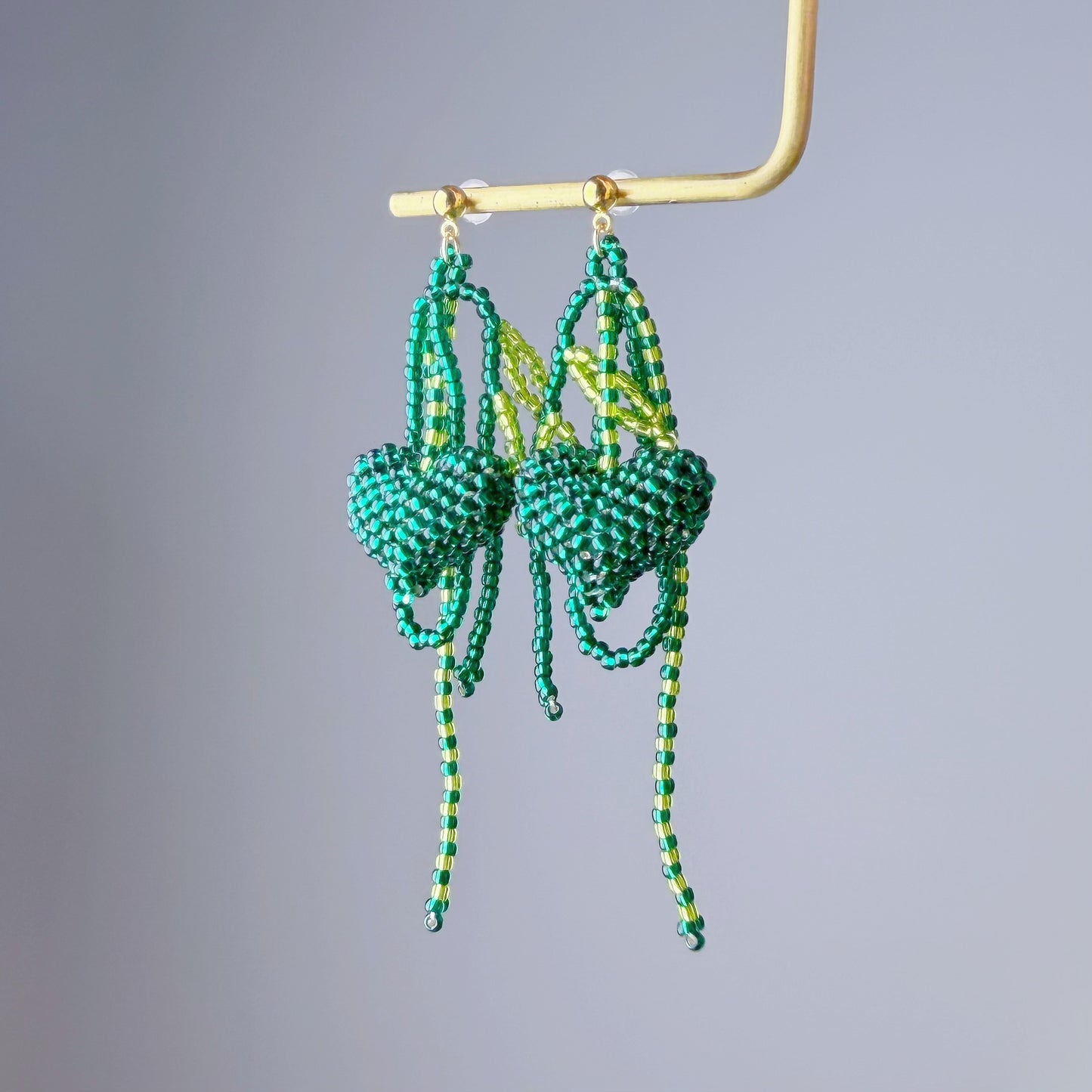 Handmade Emerald Green Beaded Heart and Leaves Dangle Earrings