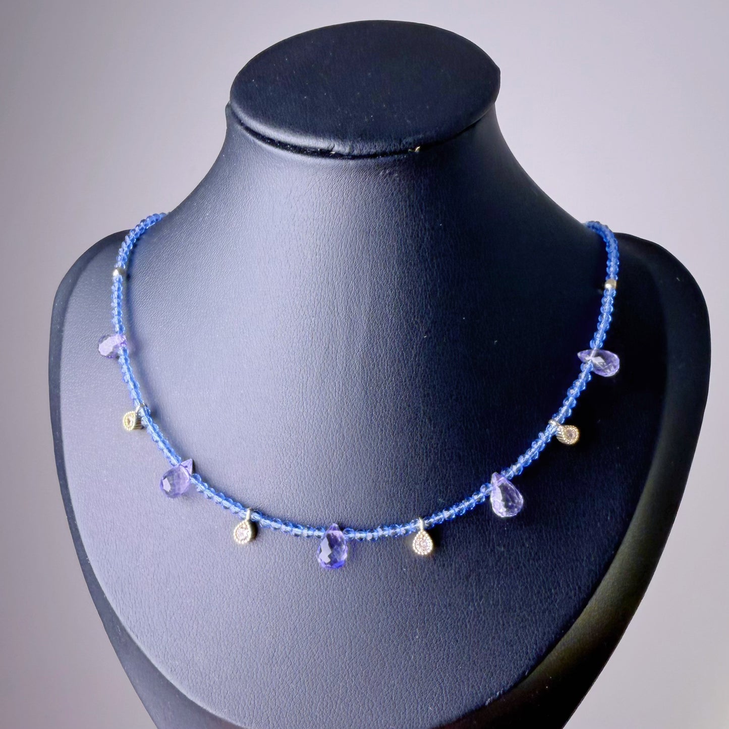 Handmade Tanzanite Teardrop and Blue Quartz Crystal Choker Necklace