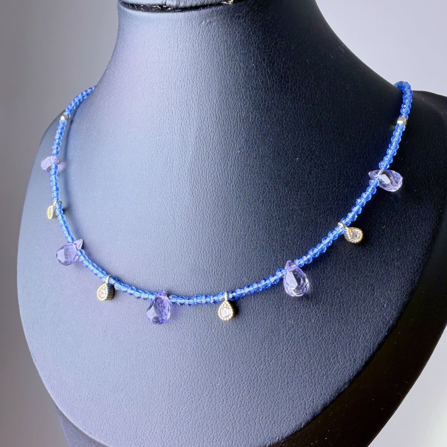 Handmade Tanzanite Teardrop and Blue Quartz Crystal Choker Necklace