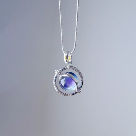 Natural Fluorite Stone Silver Planet Spinner Necklace