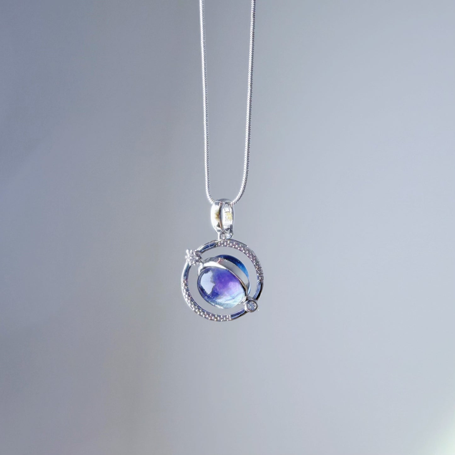 Natural Fluorite Stone Silver Planet Spinner Necklace
