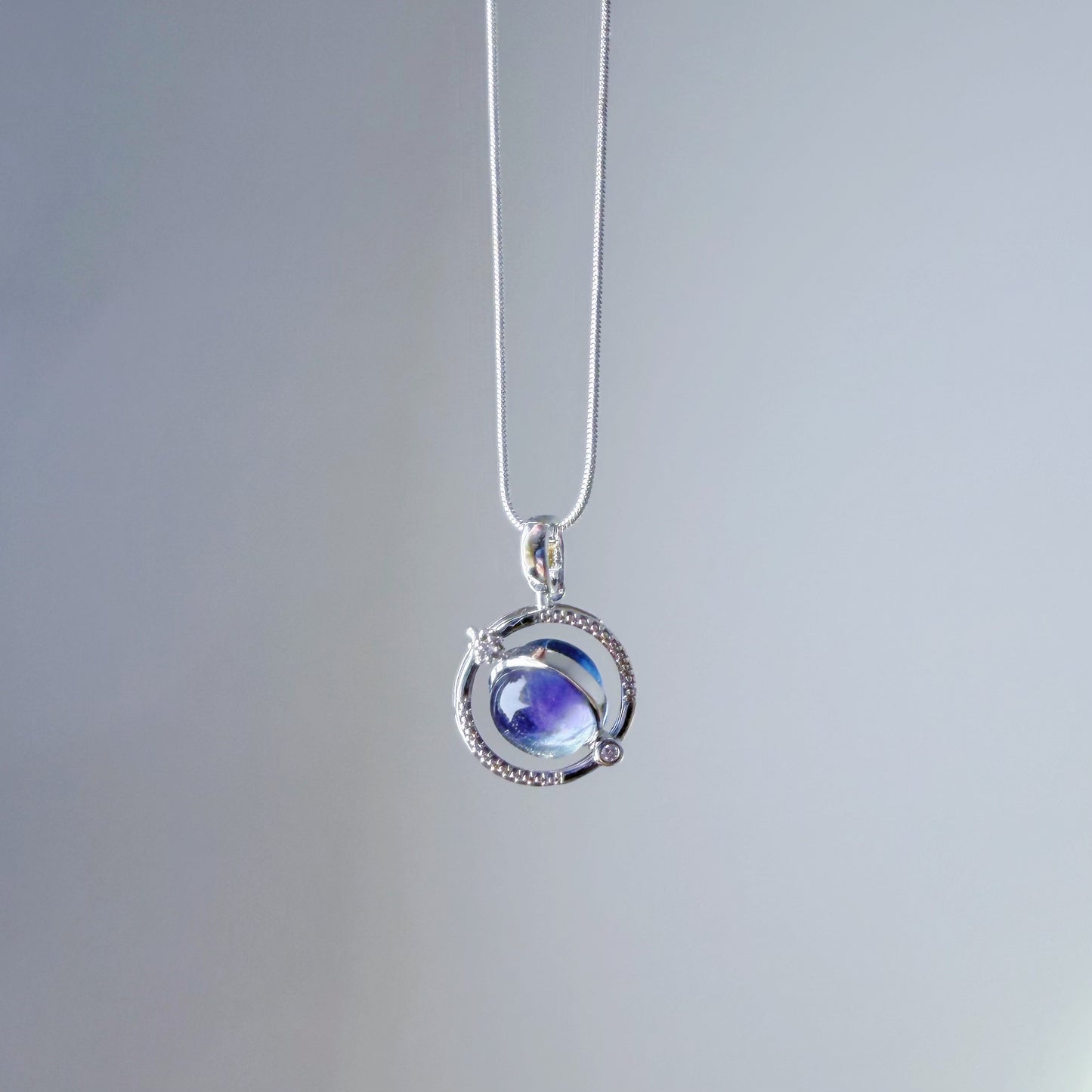 Natural Fluorite Stone Silver Planet Spinner Necklace