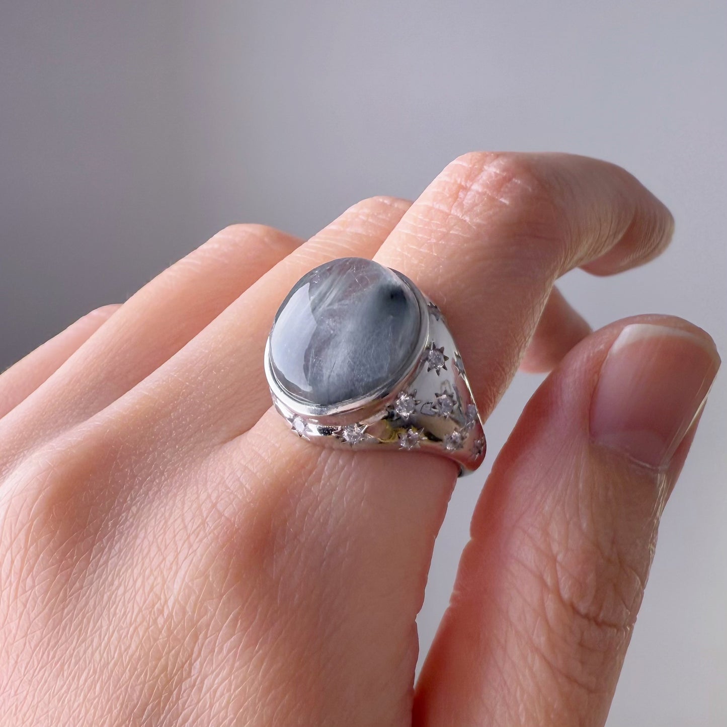 Handmade Natural Blue Grey Rutilated Quartz Crystal Silver Statement Ring