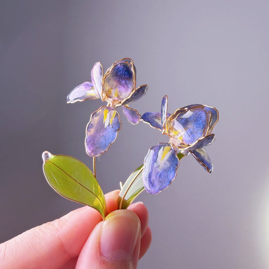Handmade Blue Purple Iris Resin Flower Earrings
