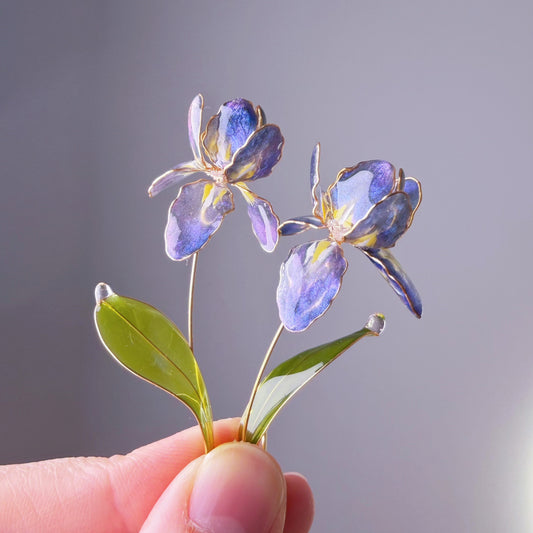 Handmade Blue Purple Iris Resin Flower Earrings