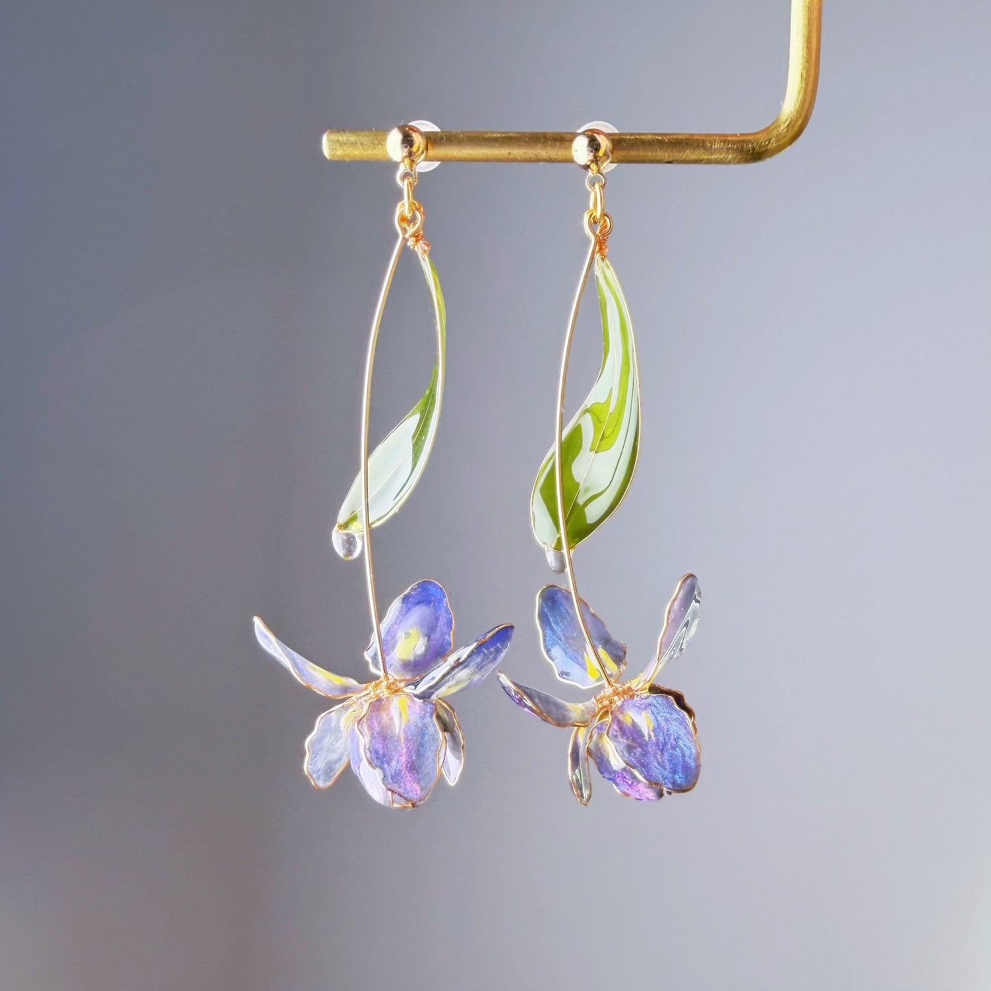 Handmade Blue Purple Iris Resin Flower Earrings