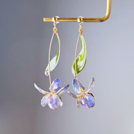 Handmade Blue Purple Iris Resin Flower Earrings