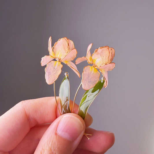 Handmade Peach Pink Iris Resin Flower Earrings