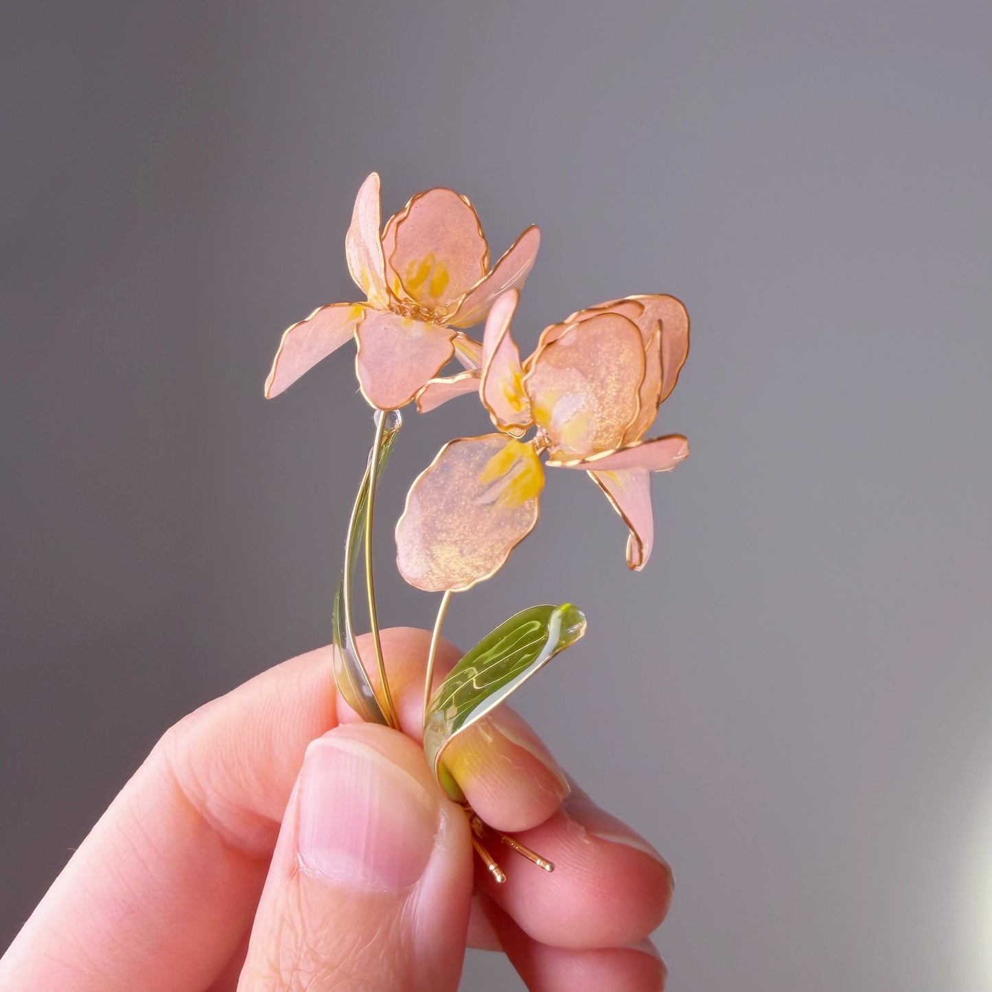 Handmade Peach Pink Iris Resin Flower Earrings