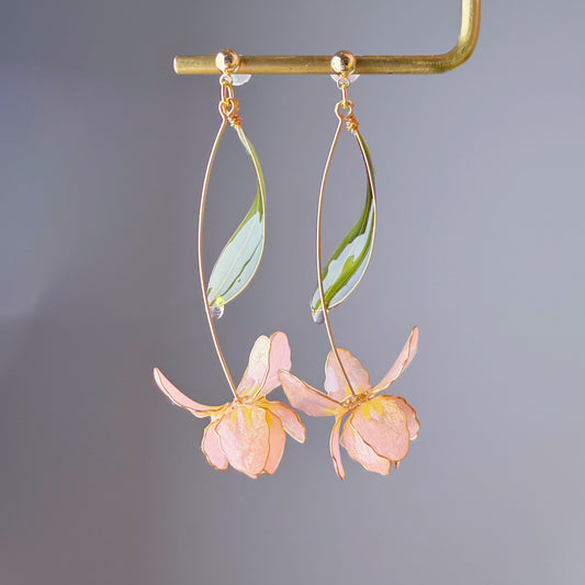 Handmade Peach Pink Iris Resin Flower Earrings