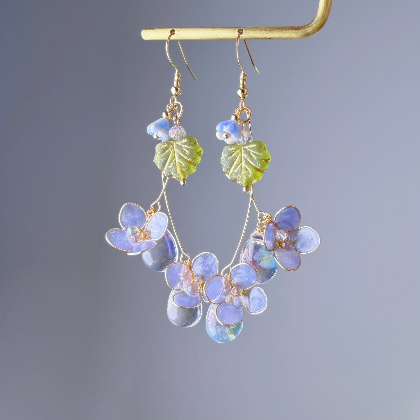 Handmade Blue Purple Hydrangeas Flowers with Leaves Dangle Earrings