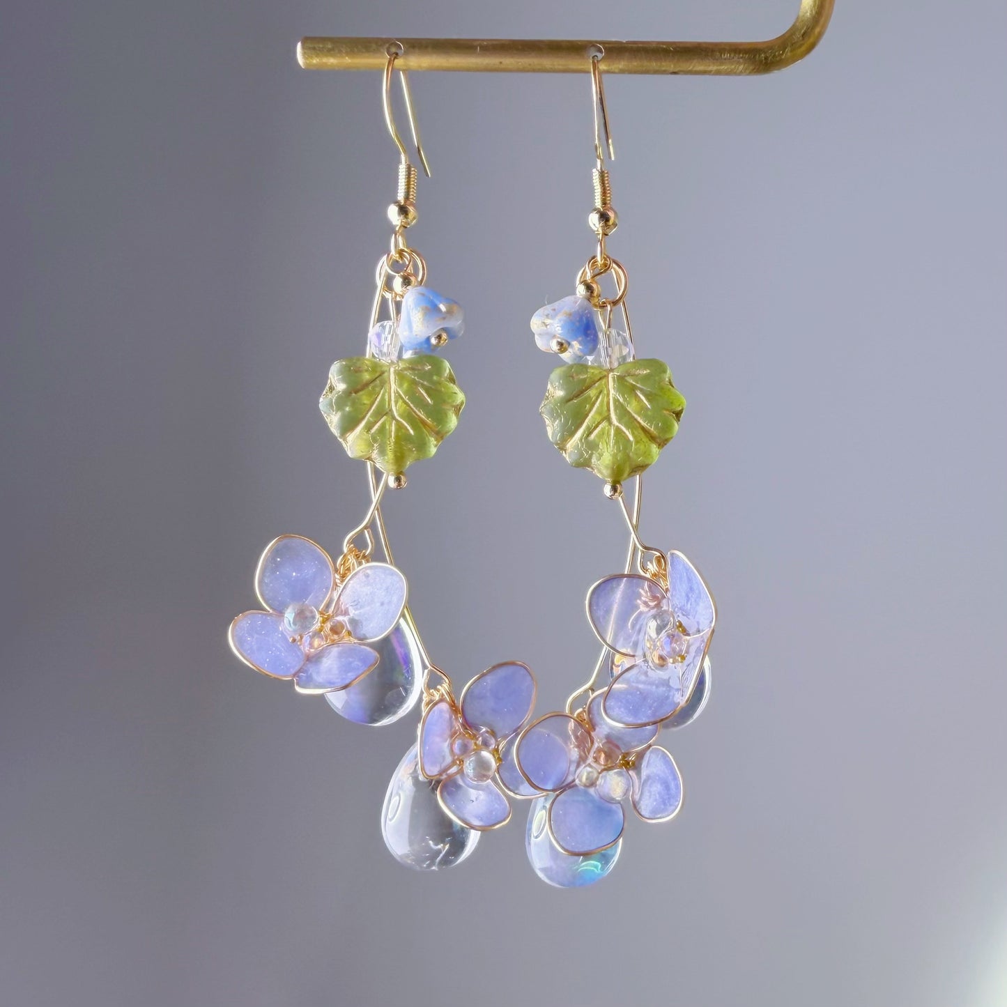 Handmade Blue Purple Hydrangeas Flowers with Leaves Dangle Earrings