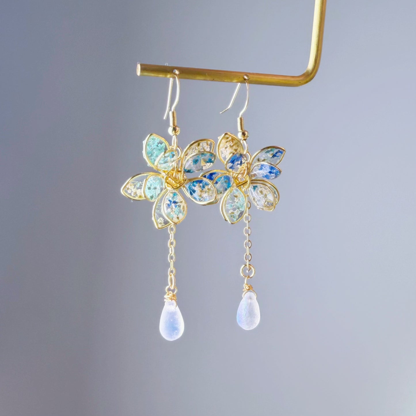Handmade Blue Pressed Spring Flowers Dangle Earrings