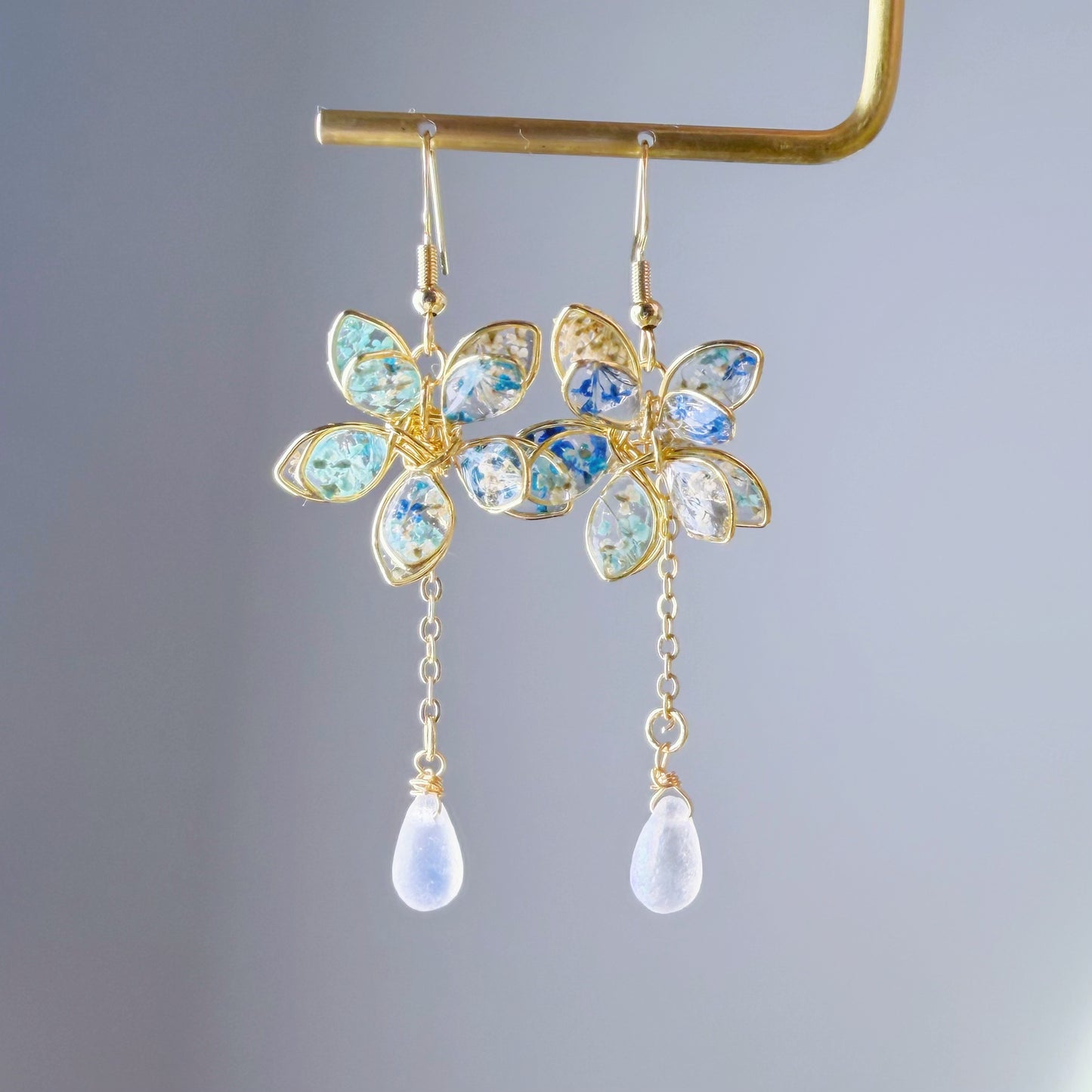 Handmade Blue Pressed Spring Flowers Dangle Earrings