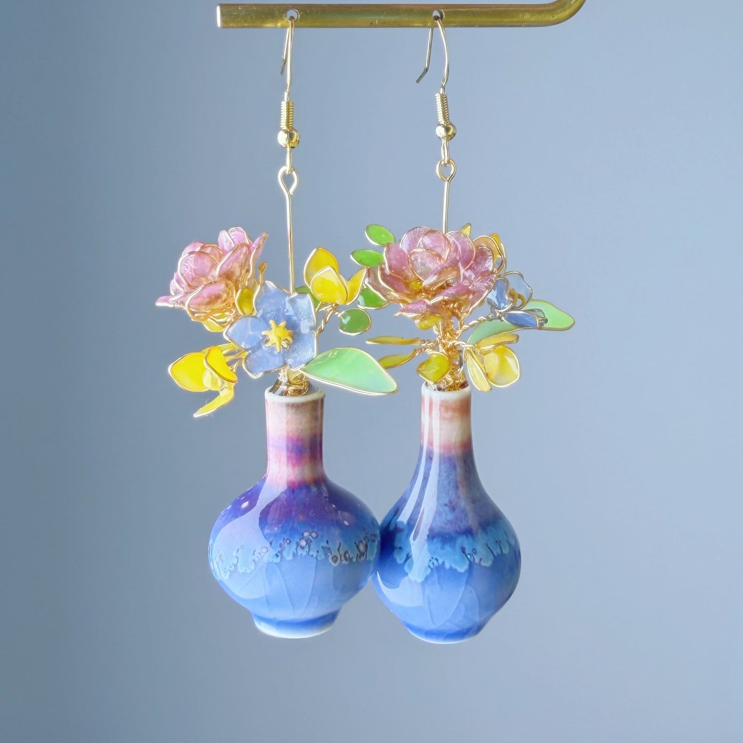 Handmade Light Purple Roses Blue Poppy and Daffodil in Ceramic Vase Earrings