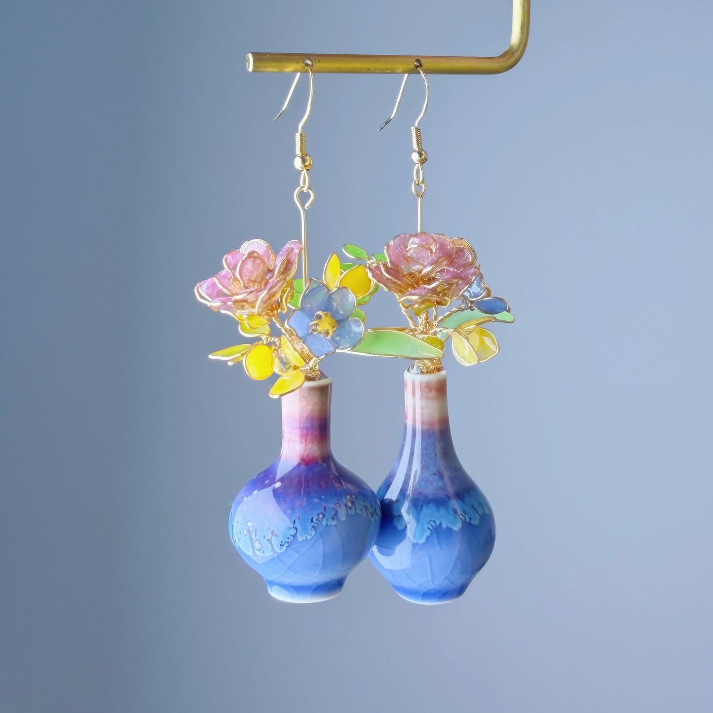 Handmade Light Purple Roses Blue Poppy and Daffodil in Ceramic Vase Earrings