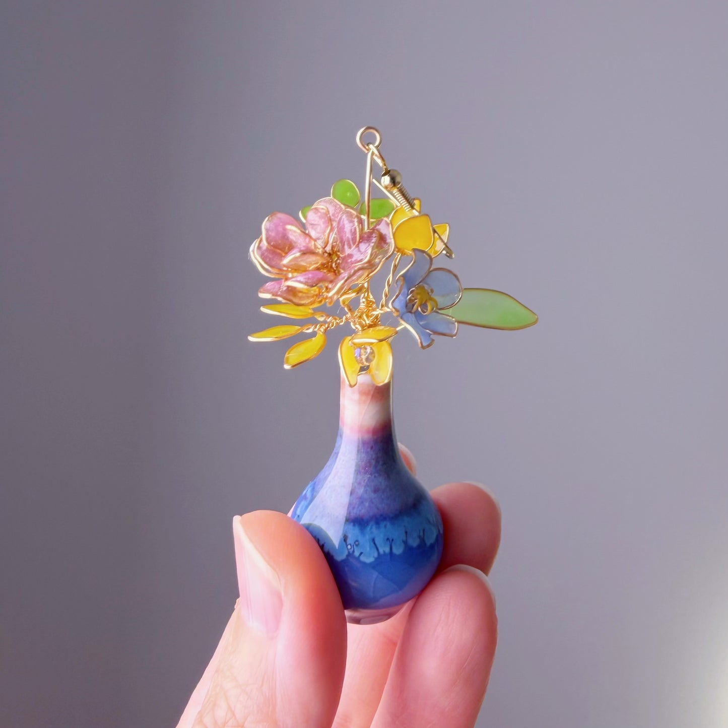 Handmade Light Purple Roses Blue Poppy and Daffodil in Ceramic Vase Earrings