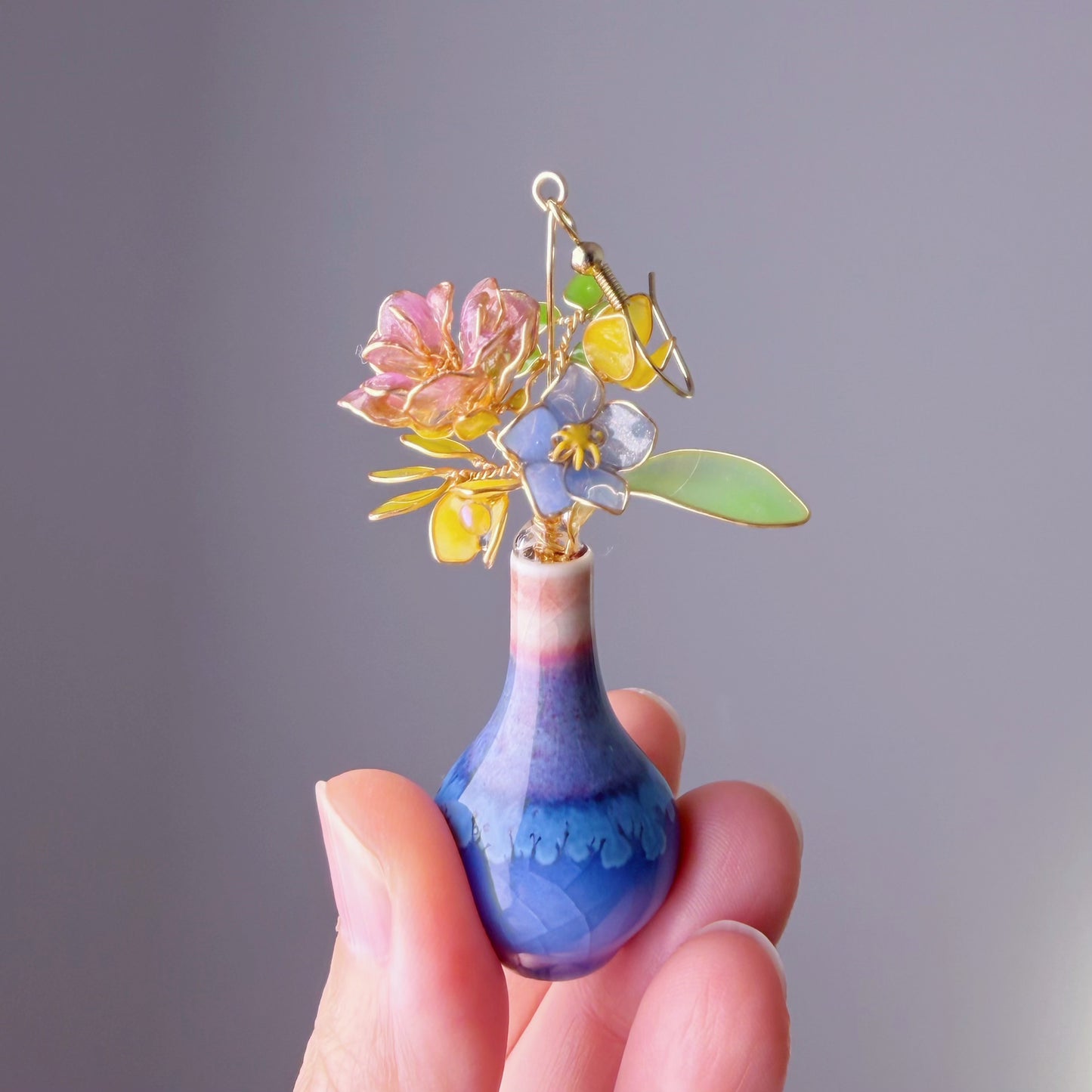 Handmade Light Purple Roses Blue Poppy and Daffodil in Ceramic Vase Earrings
