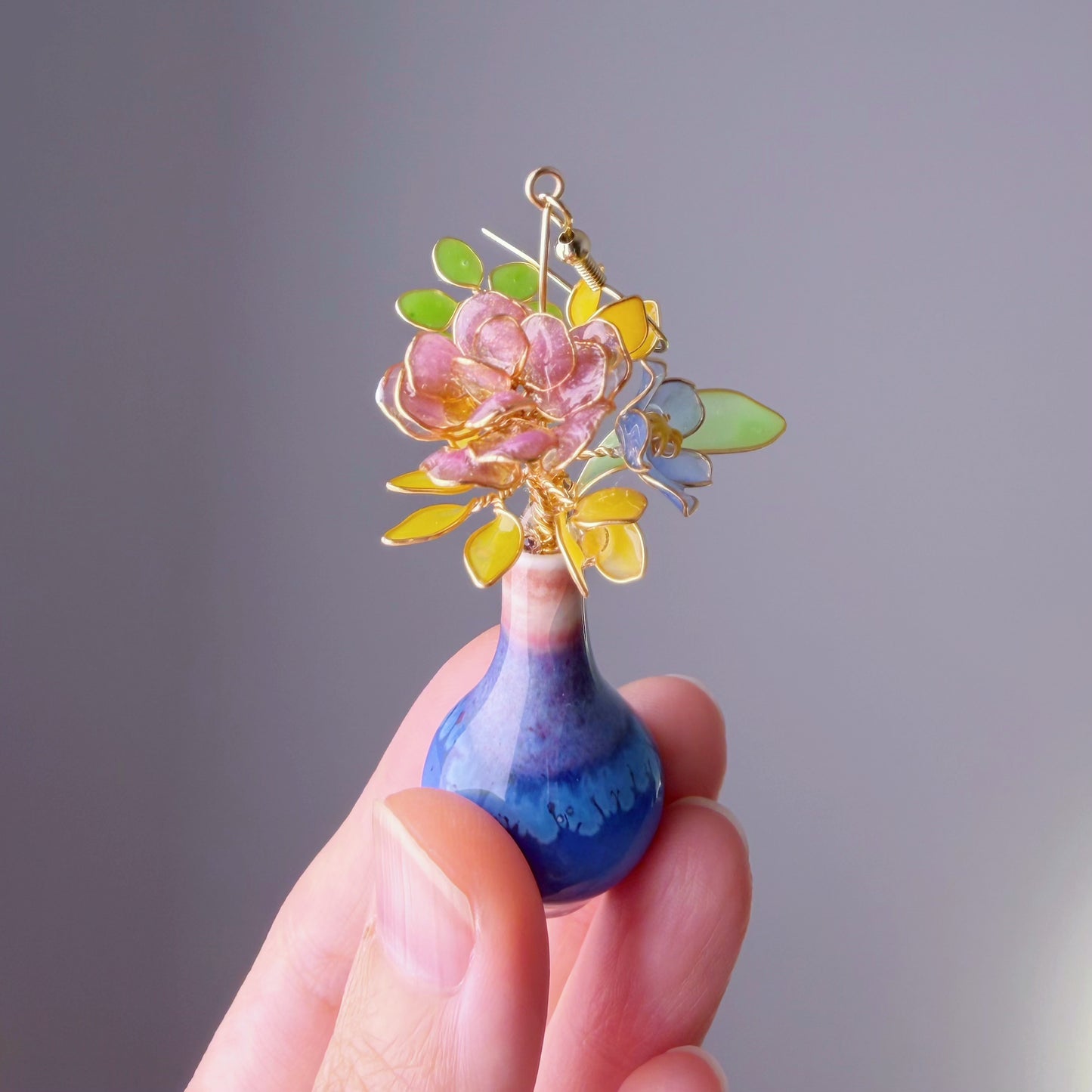 Handmade Light Purple Roses Blue Poppy and Daffodil in Ceramic Vase Earrings