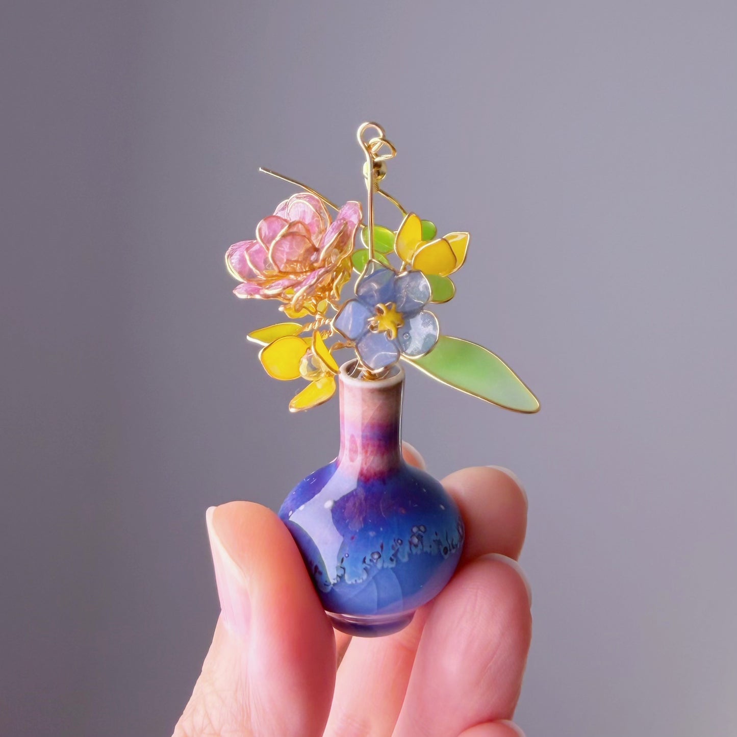 Handmade Light Purple Roses Blue Poppy and Daffodil in Ceramic Vase Earrings