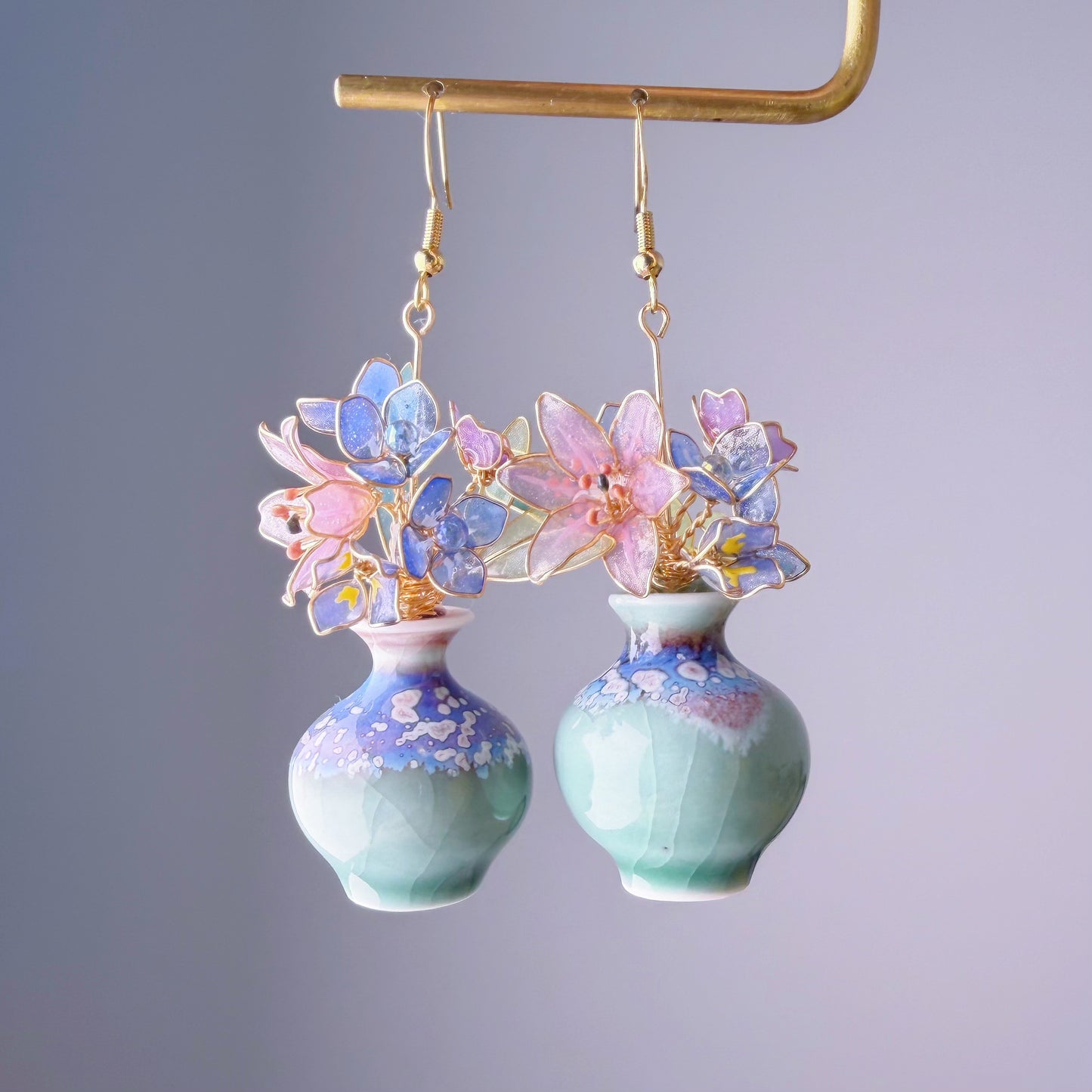Handmade Pink Lily Hydrangeas Bluebell Flowers in Ceramic Vase Earrings