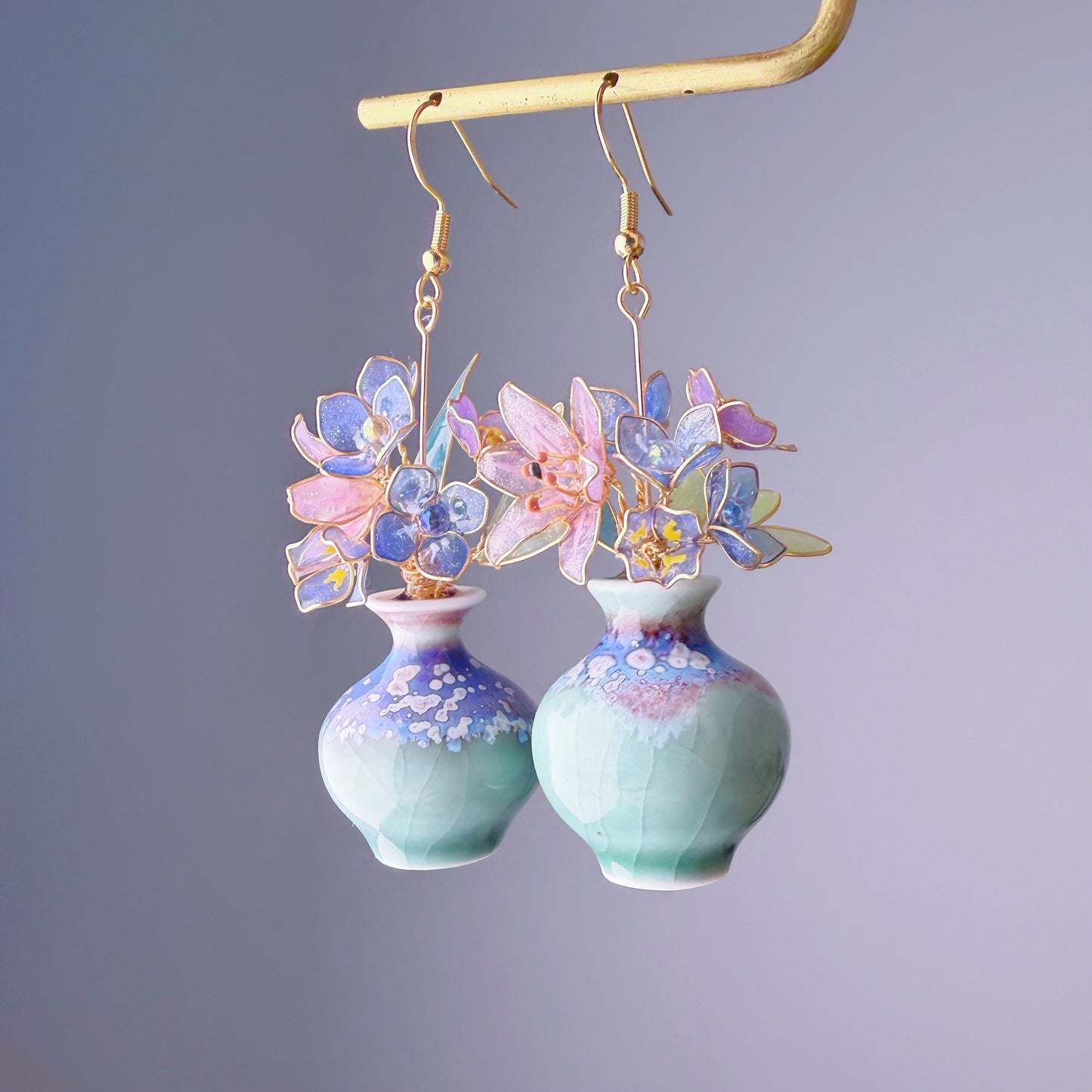 Handmade Pink Lily Hydrangeas Bluebell Flowers in Ceramic Vase Earrings