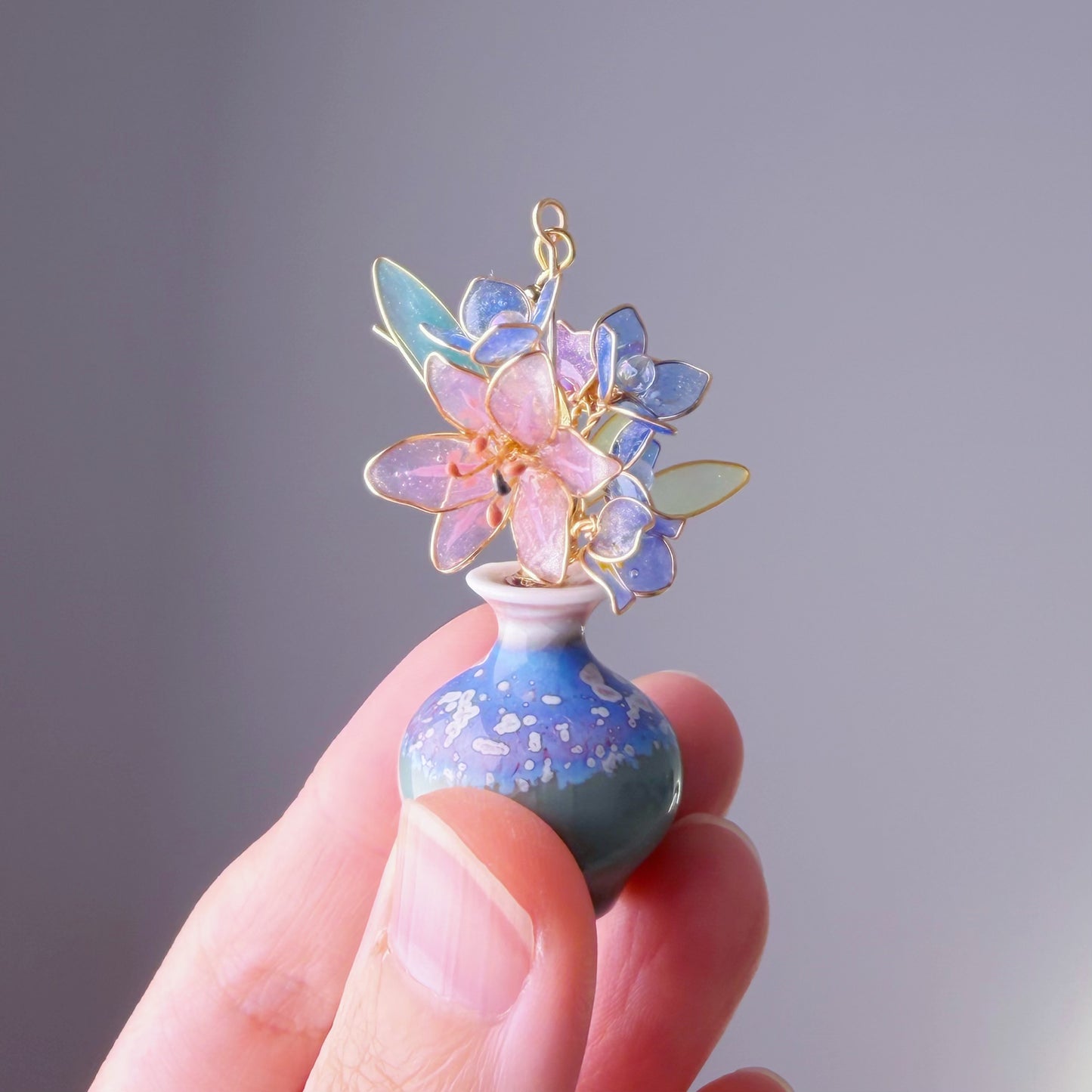 Handmade Pink Lily Hydrangeas Bluebell Flowers in Ceramic Vase Earrings